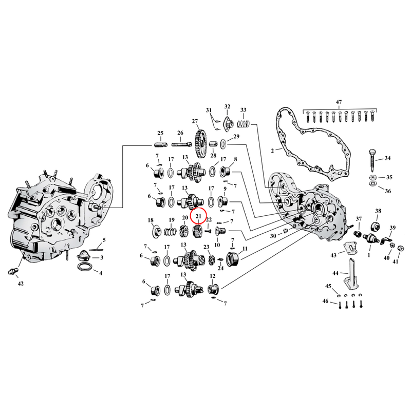 Cam Drive / Cover Parts Diagram Exploded View for Harley 45" Flathead 21) 37-73 45" SV. Pinion gear. Replaces OEM: 24011-37