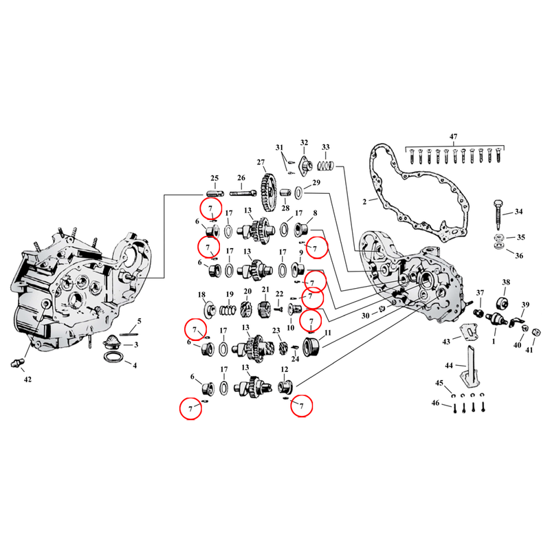 Cam Drive / Cover Parts Diagram Exploded View for Harley 45" Flathead 7) 37-73 45" SV. Pin, cam bushings. Replaces OEM: 271