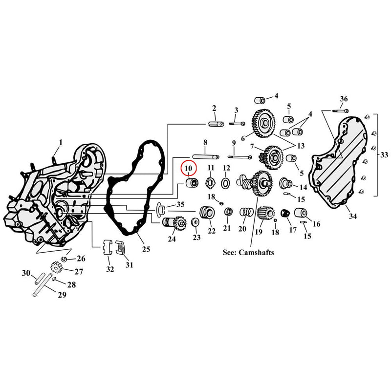 Cam Drive / Cover Parts Diagram Exploded View for Harley Knuckle / Pan / Shovel 10) 36-57 Big Twin. Standard size (OD 1.0035") bushing, camshaft inner. Replaces OEM: 25597-36