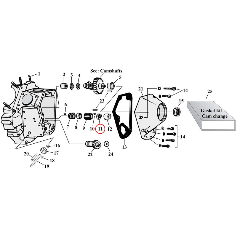 Cam Drive / Cover Parts Diagram Exploded View for Harley Shovelhead & Evolution Big Twin 11) 54-89 Big Twin. Alto. Nut, pinion shaft. Replaces OEM: 24023-54