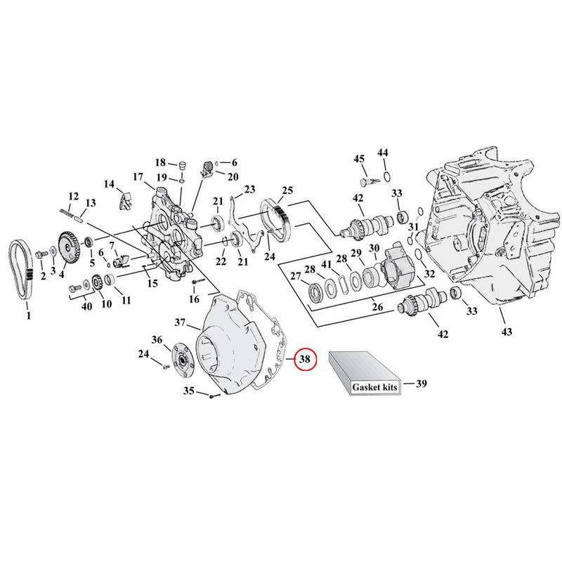 Cam Drive / Cover Parts Diagram Exploded View for Harley Twin Cam 38) 99-17 TCA/B. James silicone gasket, cam cover. Replaces OEM: 25244-99A