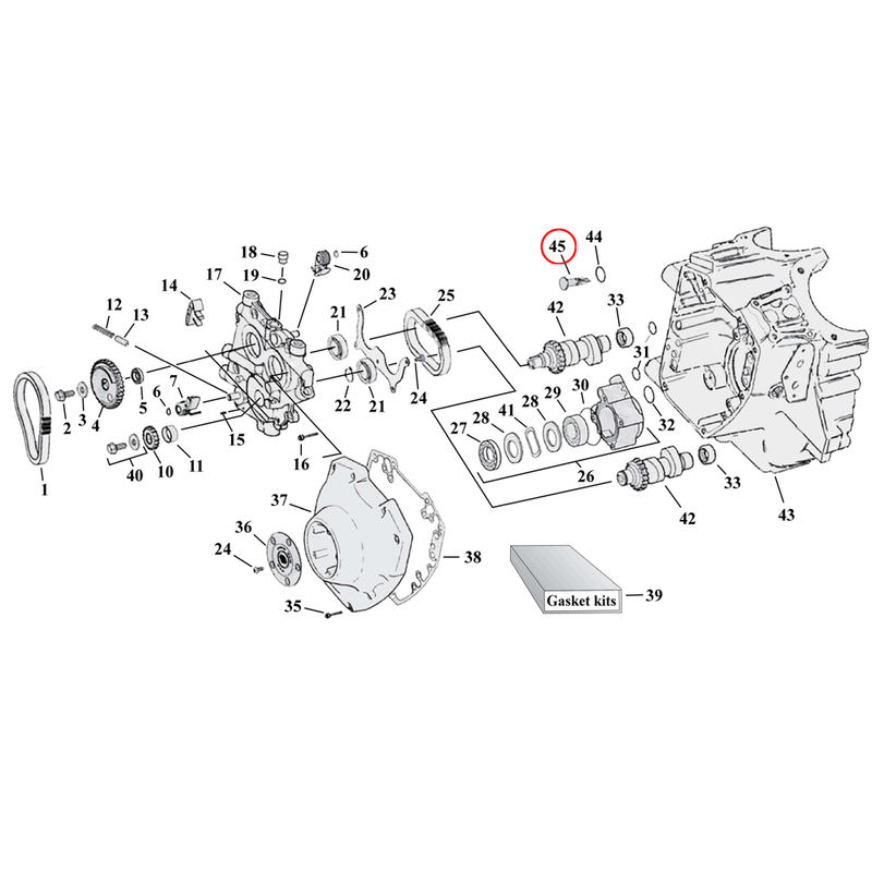 Cam Drive / Cover Parts Diagram Exploded View for Harley Twin Cam 45) 00 - 17 TCB. Oil screen. Replaces OEM: 24983 - 00 - Customhoj