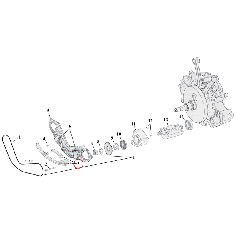 Crankcase Balancer Parts Diagram Exploded View for Harley Twin Cam Softail 3) 00-17 TCB. Chain guide kit, engine balancers. Replaces OEM: 14761-00