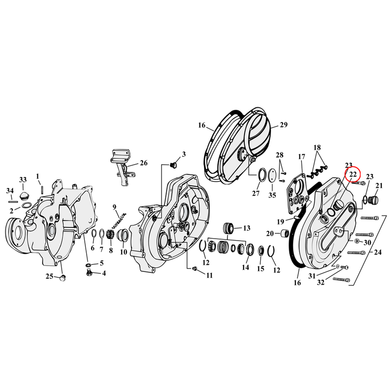 Crankcase Parts Diagram Exploded View for 54-76 Harley Sportster 22) 71-76 XL. Filler plug. Hex style. Replaces OEM: 34742-71