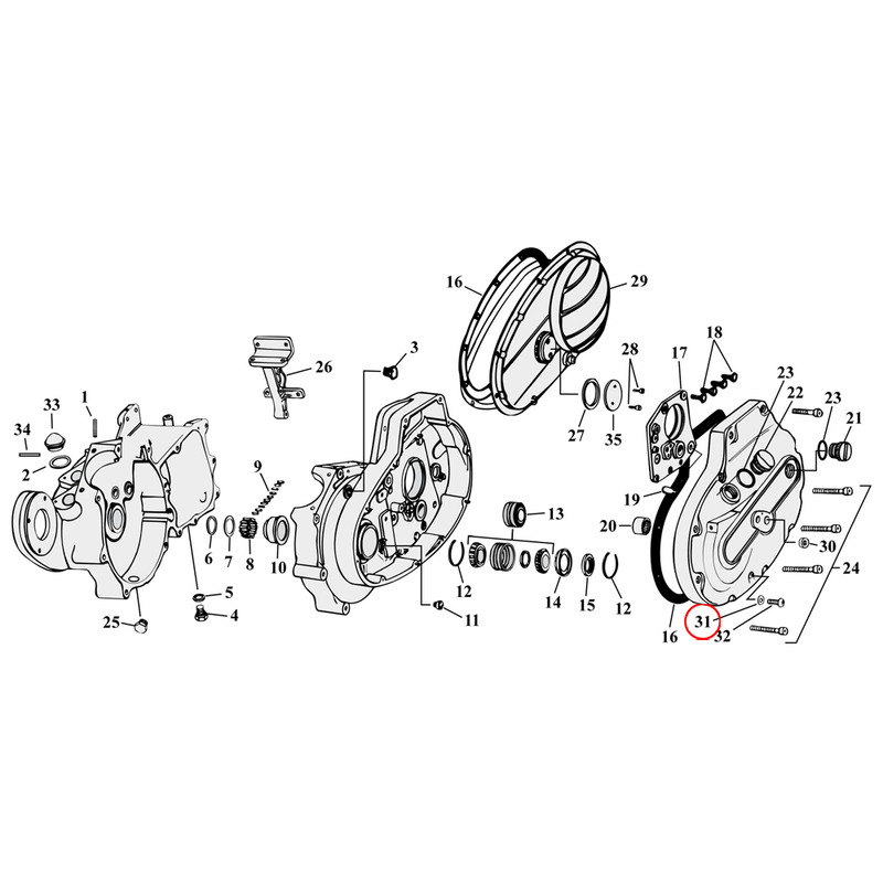 Crankcase Parts Diagram Exploded View for 54-76 Harley Sportster 31) 71-76 XL. James gasket, oil level screw. Replaces OEM: 63858-49