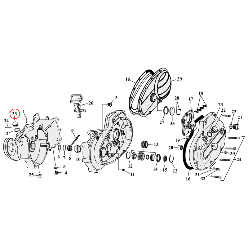 Crankcase Parts Diagram Exploded View for 54-76 Harley Sportster 33) 52-76 K, XL. Oil strainer, crankcase. Replaces OEM: 24975-37