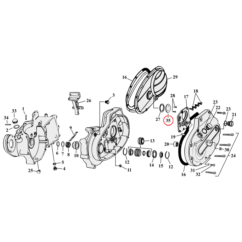 Crankcase Parts Diagram Exploded View for 54-76 Harley Sportster 35) 64-69 XL. Inspection cover. Replaces OEM: 60570-64