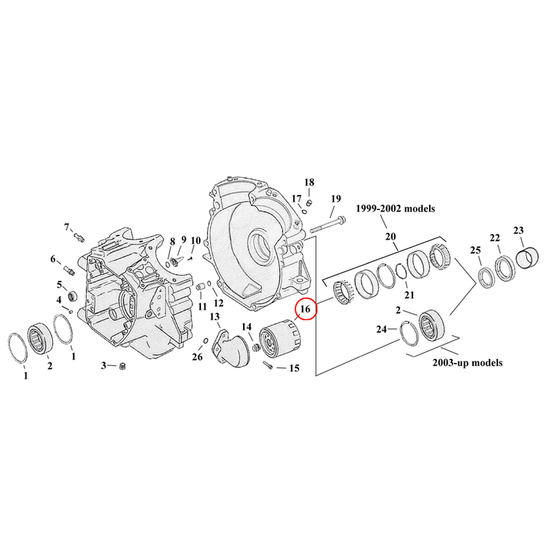 Crankcase Parts Diagram Exploded View for Harley Twin Cam Touring / Dyna 16) 99-17 TCA/B. Chrome oil filter, spin on. Replaces OEM: 63731-99A