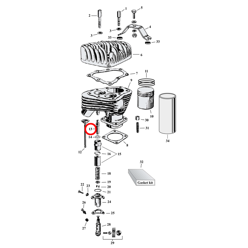 Cylinder Parts Diagram Exploded View for Harley 45" Flathead 13) See valve guides separately.