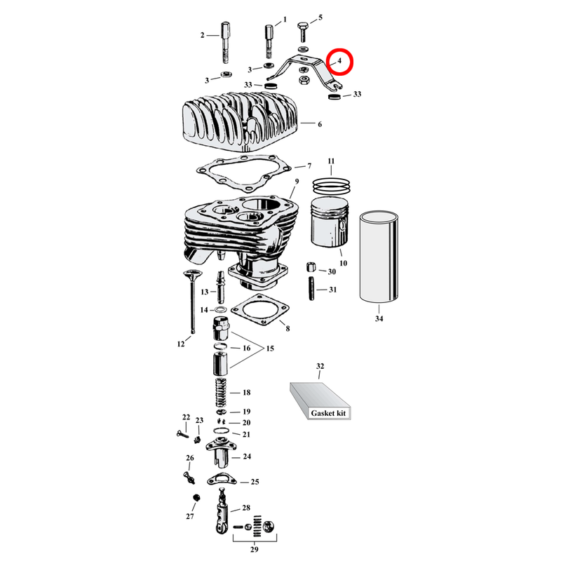 Cylinder Parts Diagram Exploded View for Harley 45" Flathead 4) 29-73 45" SV with alu heads. Motor mount. Replaces OEM: 16855-40