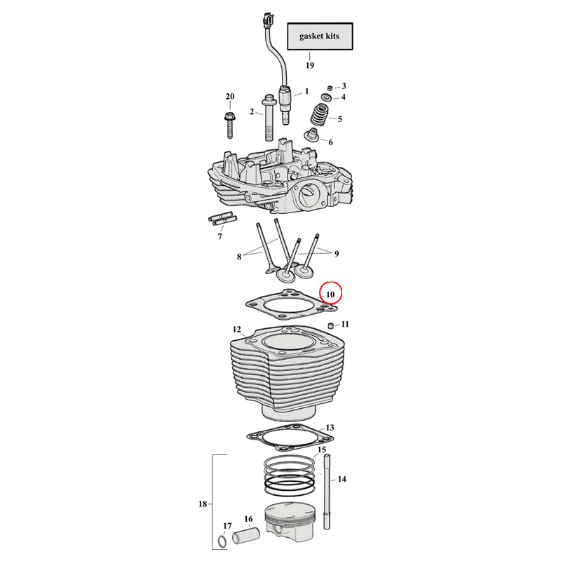 Cylinder Parts Diagram Exploded View for Harley Milwaukee Eight 10) 17-23 M8 107". James .045" composite gasket with bead, cylinder head. Replaces OEM: 16500326