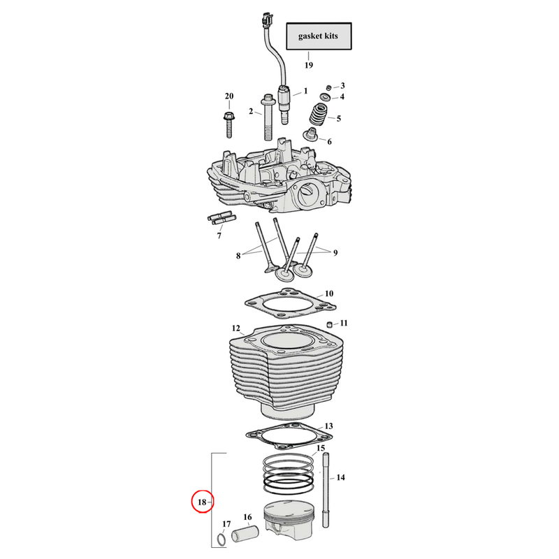 Cylinder Parts Diagram Exploded View for Harley Milwaukee Eight 18) 17-23 M8. See available piston kits separately.