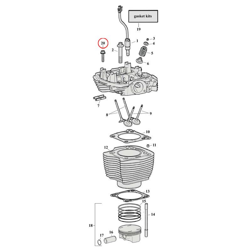 Cylinder Parts Diagram Exploded View for Harley Milwaukee Eight 20) 17-23 M8. KPMI stud set, rocker arm to tower (set of 8).