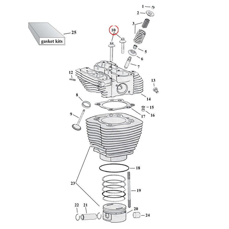 Cylinder Parts Diagram Exploded View for Harley Twin Cam 10) 99-17 TCA/B. Gardner-Westcott head bolt kit.