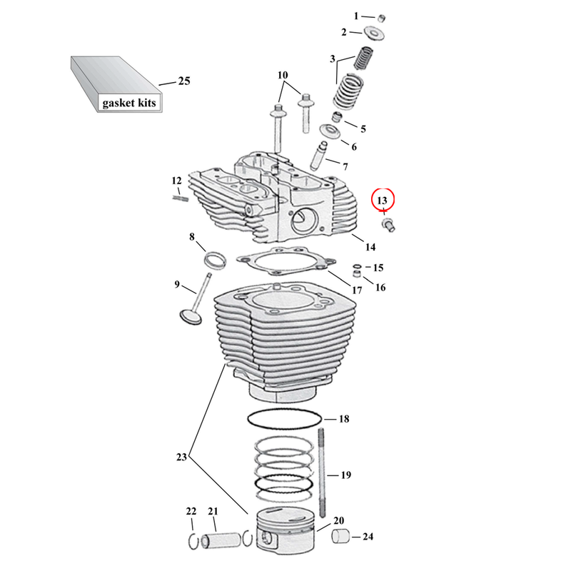 Cylinder Parts Diagram Exploded View for Harley Twin Cam 13) 99-06 TCA/B (carb models) bolt temperature sensor plug. Replaces OEM: 4175