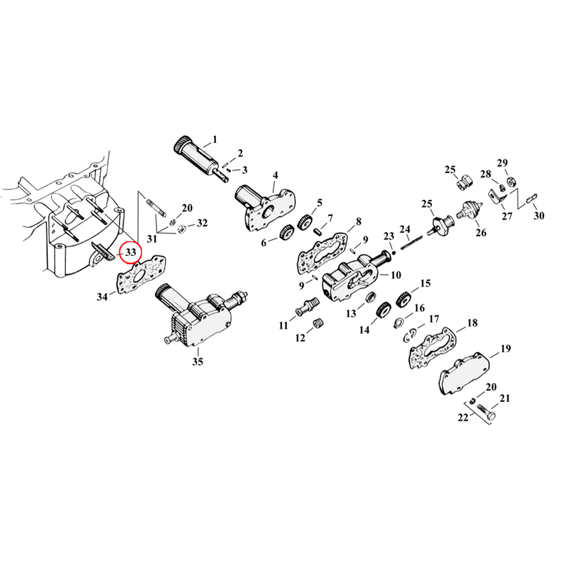 Oil Pump Parts Diagram Exploded View for 54-76 Harley Sportster 33) 52-E73 K, KH, XL. Breather valve screen. Replaces OEM: 25276-52