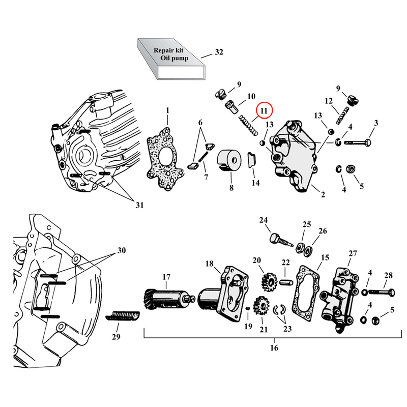 Oil Pump Parts Diagram Exploded View for Harley 45" Flathead 11) 41-73 45" SV. Spring, by-pass valve. Replaces OEM: 26373-41