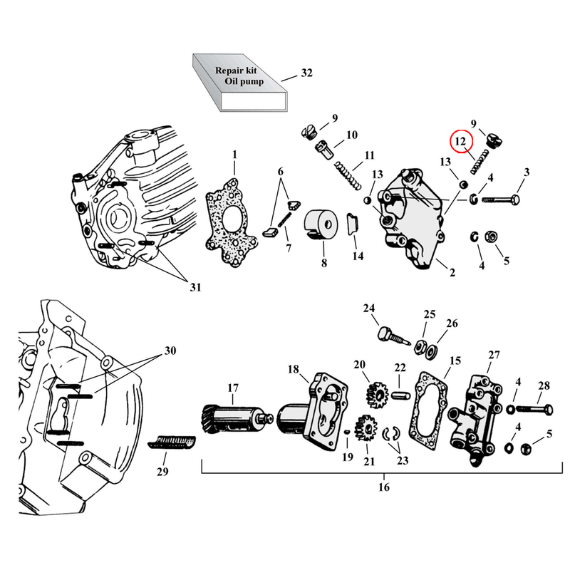 Oil Pump Parts Diagram Exploded View for Harley 45" Flathead 12) 37-73 45" SV. Spring, check valve. Replaces OEM: 26363-56