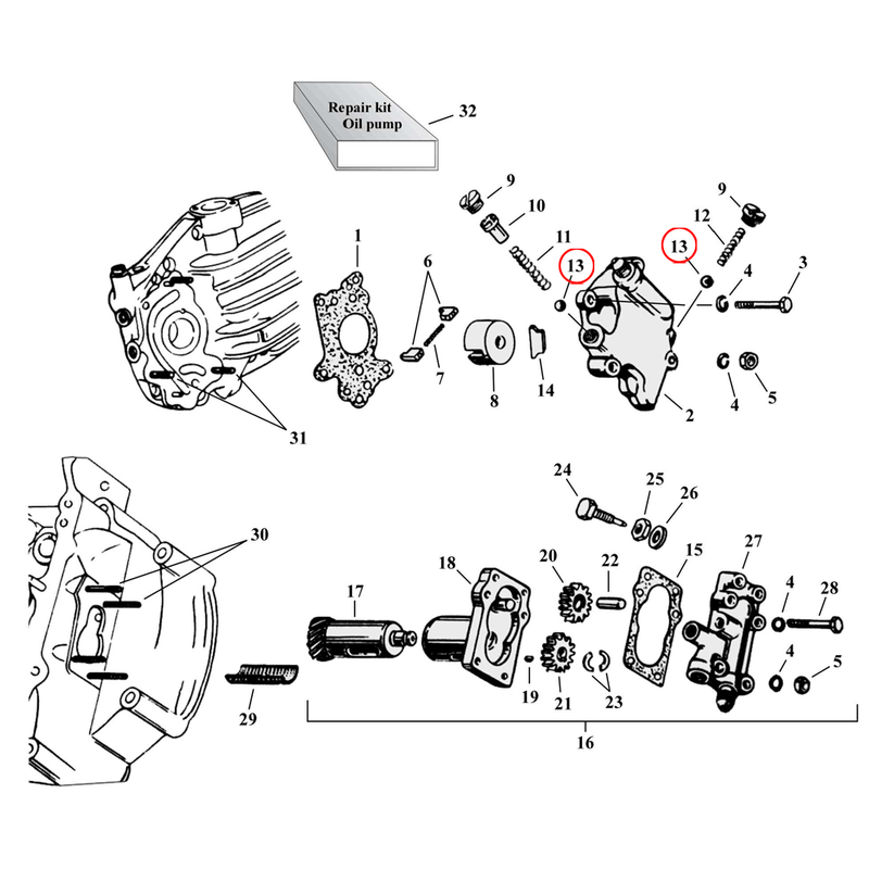 Oil Pump Parts Diagram Exploded View for Harley 45" Flathead 13) 37-73 45" SV. Ball, oil pump 7/32". Replaces OEM: 8866