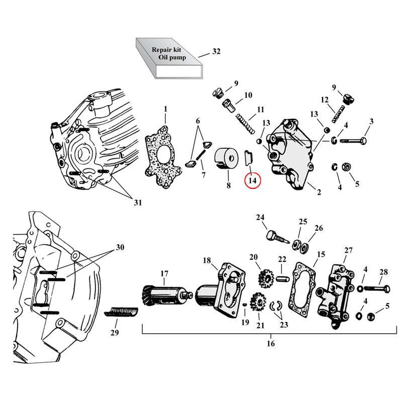 Oil Pump Parts Diagram Exploded View for Harley 45" Flathead 14) 37-73 45" SV. Retainer, by-pass ball. Replaces OEM: 22381-37 & 715-37