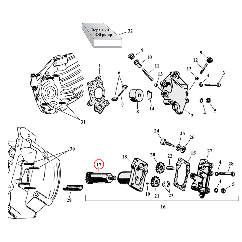 Oil Pump Parts Diagram Exploded View for Harley 45" Flathead 17) 37-73 45" SV. Drive shaft, scavenger & breather gear. Replaces OEM: 26331-37