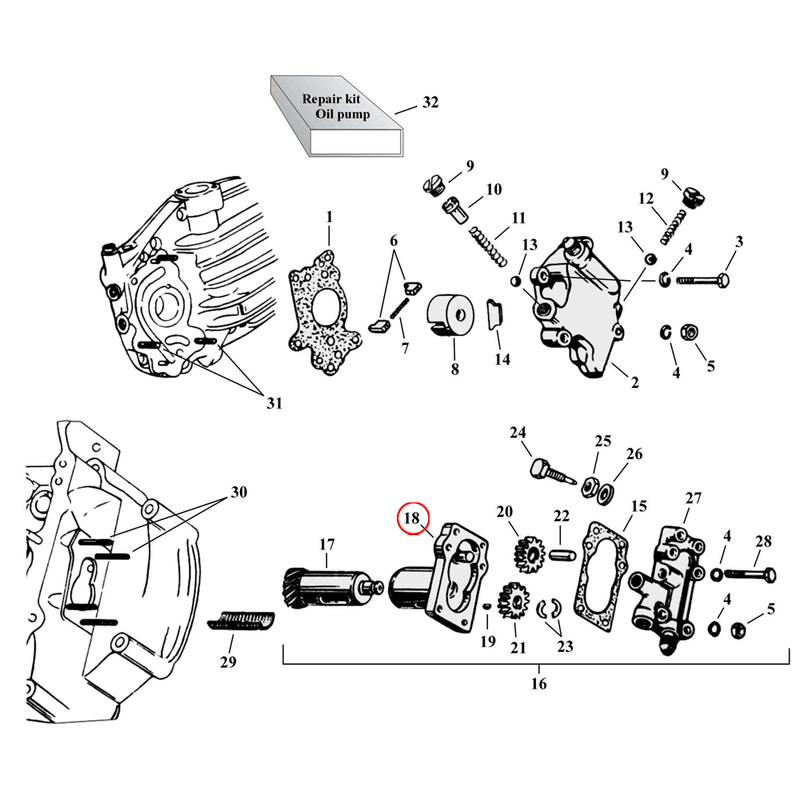 Oil Pump Parts Diagram Exploded View for Harley 45" Flathead 18) 37-73 45" SV. Body scavenger pump. Replaces OEM: 26218-37 & 679-37