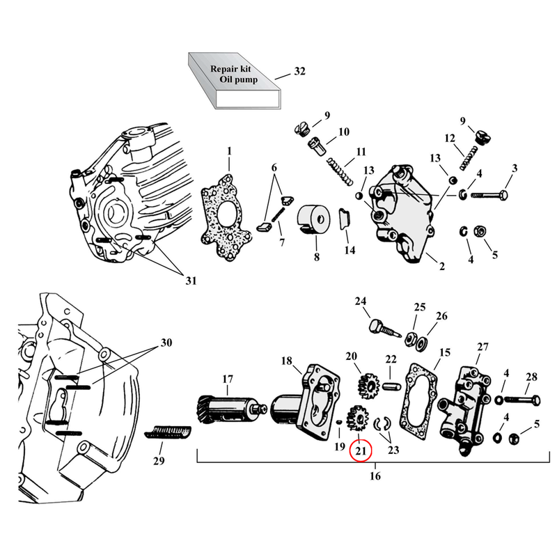 Oil Pump Parts Diagram Exploded View for Harley 45" Flathead 21) 38-73 45" SV. Drive gear, scavenge. Replaces OEM: 26321-38