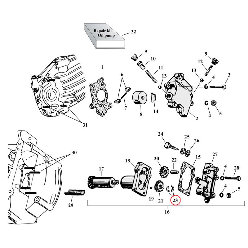 Oil Pump Parts Diagram Exploded View for Harley 45" Flathead 23) 37-73 45" SV. Split washer, scavenger gear (2 used). Replaces OEM: 26341-37