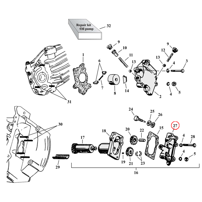 Oil Pump Parts Diagram Exploded View for Harley 45" Flathead 27) 38-73 45" SV. Cover, scavenger pump. Replaces OEM: 26232-38