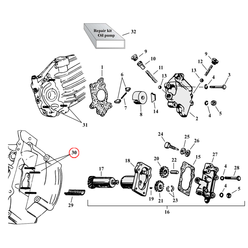 Oil Pump Parts Diagram Exploded View for Harley 45" Flathead 30) 37-73 45" SV. Stud, scavenger pump (set of 4). Replaces OEM: 24819-36