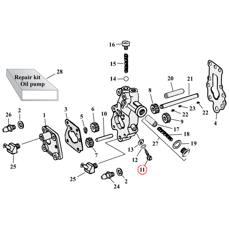 Oil Pump Parts Diagram Exploded View for Harley Knuckle / Pan / Shovel 11) 33-64 & 68-E83 Big Twin. Chain oiler adjusting screw. Round slotted head. Replaces OEM: 63614-72 & 26383-32