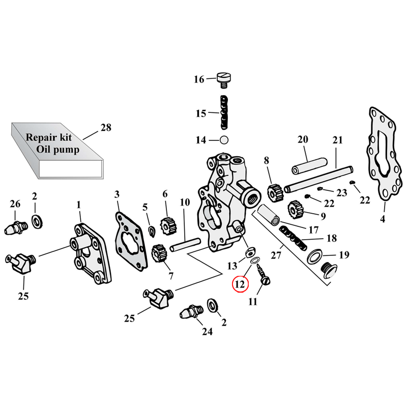 Oil Pump Parts Diagram Exploded View for Harley Knuckle / Pan / Shovel 12) 41-69 Big Twin. James, brass seal washer. Replaces OEM: 6156