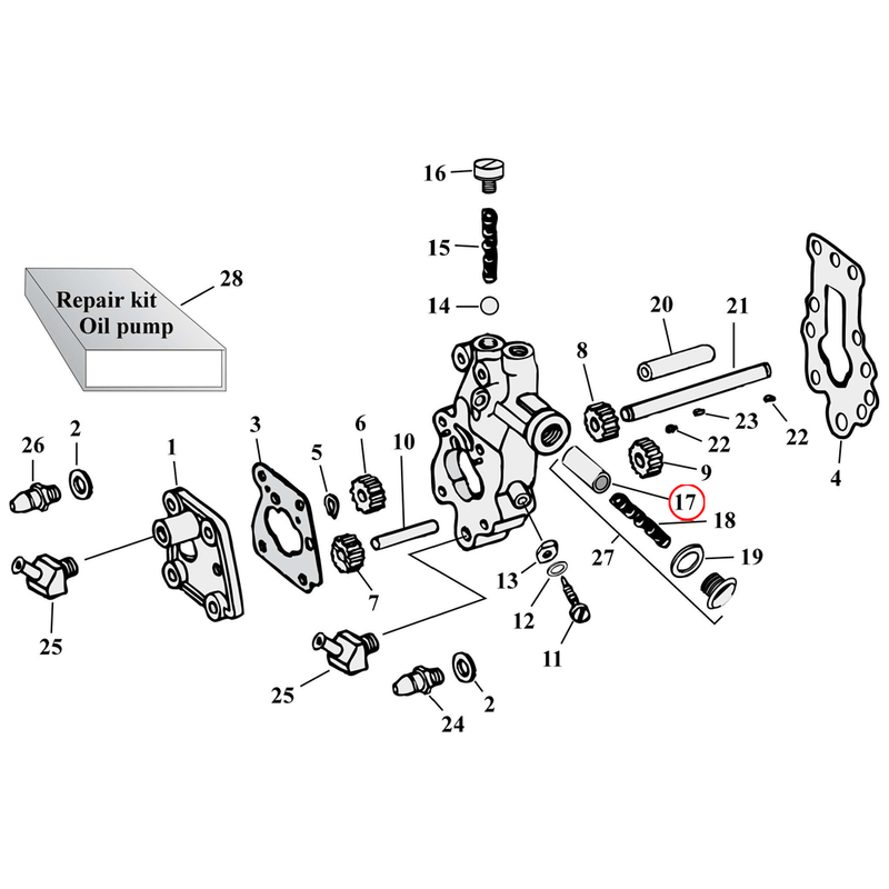 Oil Pump Parts Diagram Exploded View for Harley Knuckle / Pan / Shovel 17) L54-E82 Big Twin. Relief valve. Replaces OEM: 26400-54