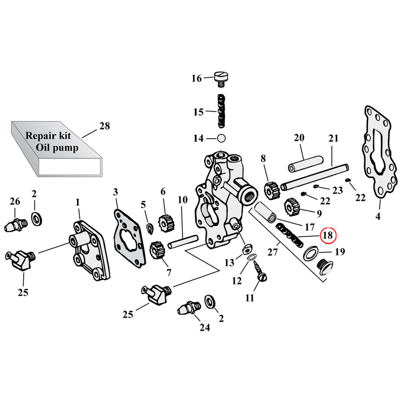 Oil Pump Parts Diagram Exploded View for Harley Knuckle / Pan / Shovel 18) L54-72 Big Twin. Spring, relief valve. Replaces OEM: 26374-54