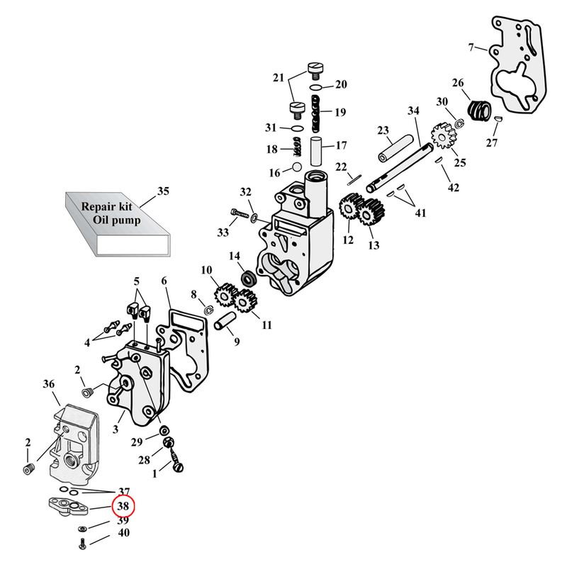 Oil Pump Parts Diagram Exploded View for Harley Shovelhead & Evolution Big Twin 38) 92-99 Big Twin End cap, oil pump. Replaces OEM: 26030-92A