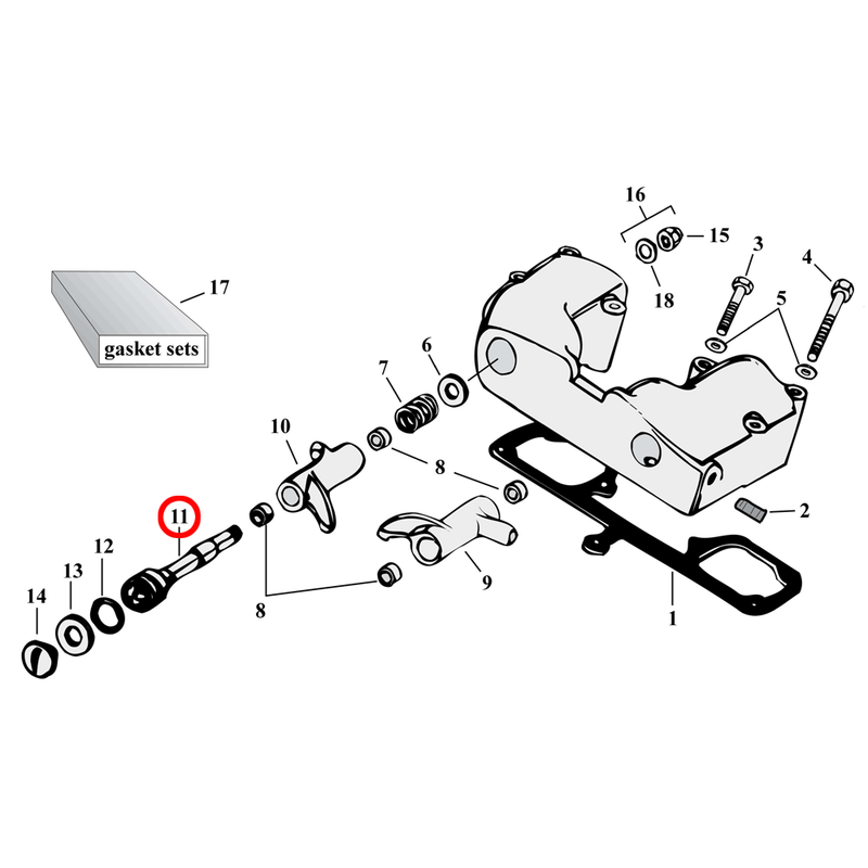 Rocker Box Parts Diagram Exploded View for 57-85 Harley Sportster 11) 57-85 XL. Rockerarm shaft. Replaces OEM: 17435-57B