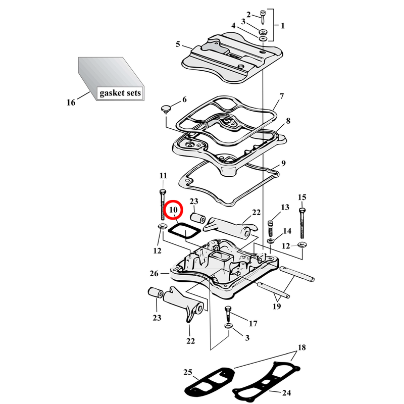 Rocker Box Parts Diagram Exploded View for 86-03 Harley Sportster 10) 86-06 XL. James rocker cover gasket, middle (cork). Replaces OEM: 17358-84