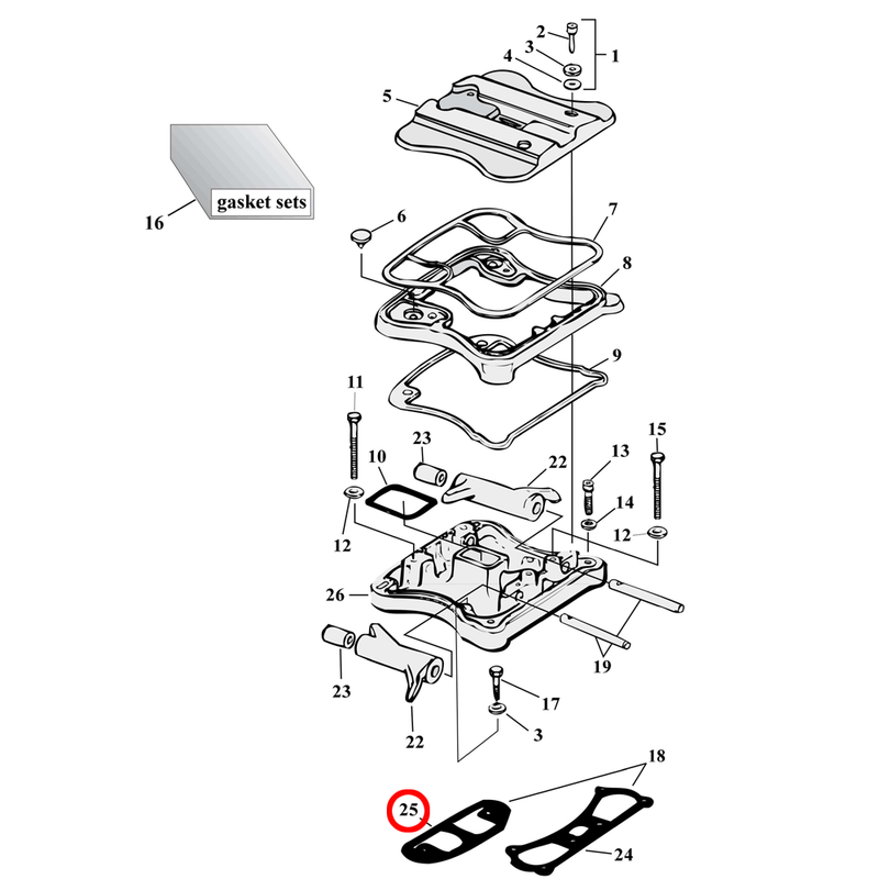 Rocker Box Parts Diagram Exploded View for 86-03 Harley Sportster 25) 86-03 XL. Cometic rubber coated gasket right, rocker cover. .020". Replaces OEM: 16778-84D