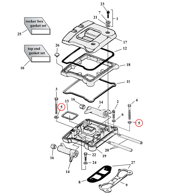 Rocker Box Parts Diagram Exploded View for Harley Evolution Big Twin 5) 84-99 Big Twin. Washer. Replaces OEM: 6016