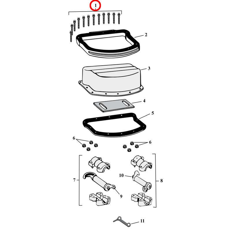 Rocker Box Parts Diagram Exploded View for Harley Panhead 1) 48-65 Panhead. Chrome acorn rocker cover bolt kit (use with steel D-rings, short bolts).