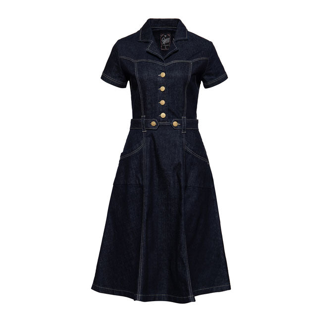 King Kerosin Dress Ladies XS Queen Kerosin Western Denim Swing Dress Dark Blue Wash Customhoj